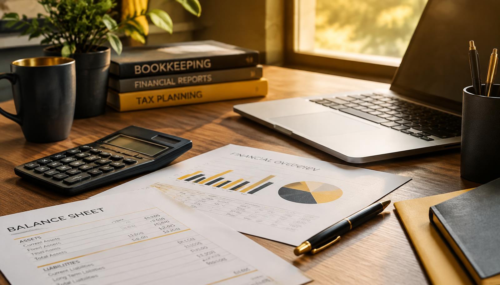 Bookkeeping desk with calculator and financial reports